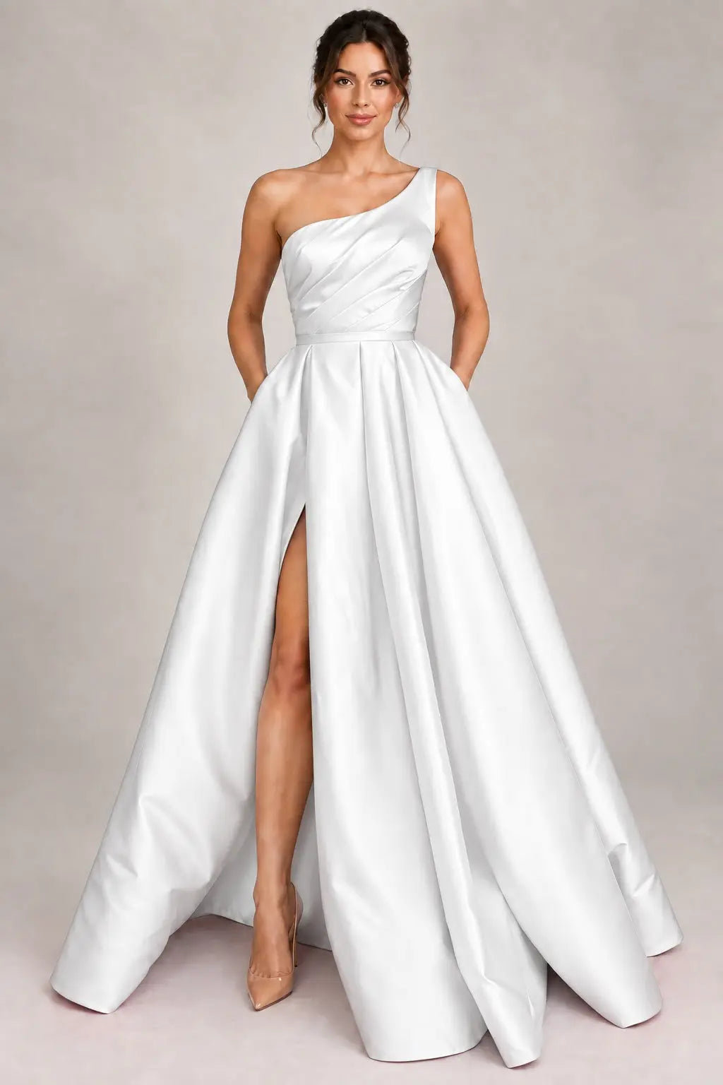 A-line Sleeveless One-Shoulder Long/Floor-Length Satin Prom Dress With Split Ruffles Pockets
