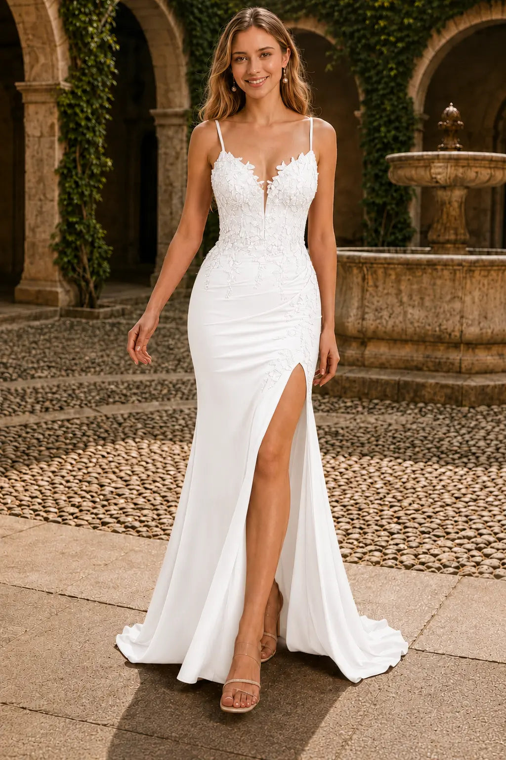 Sheath/Column Spaghetti Straps Lace Applique Beaded Corset Prom Dress with Slit
