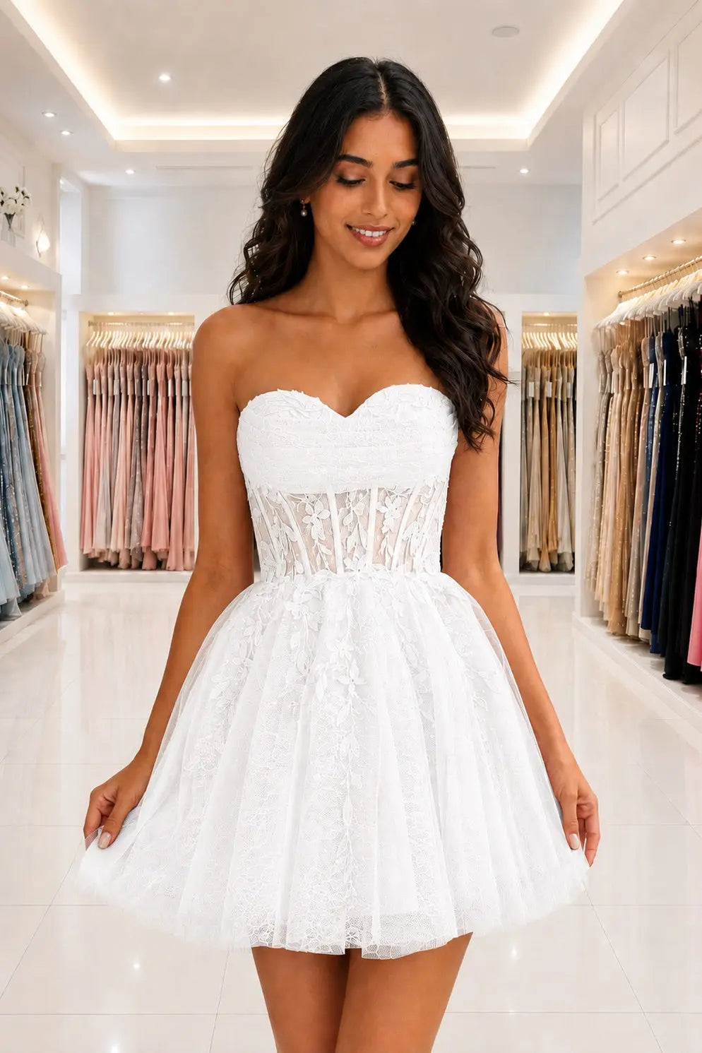 Strapless Beaded Lace Corset A-Line Mini Homecoming Dress