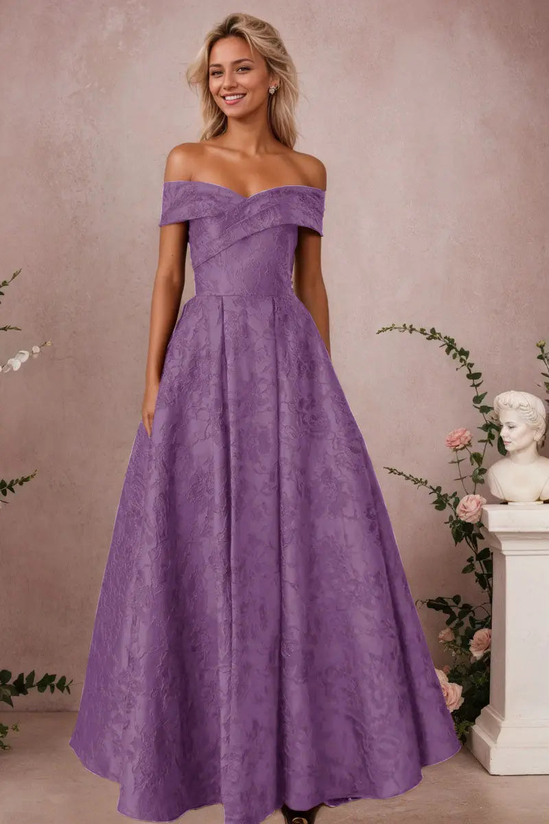 A-Line Off Shoulder Satin Burgundy Long Prom Dress Floral Jacquard Formal Ball Gowns