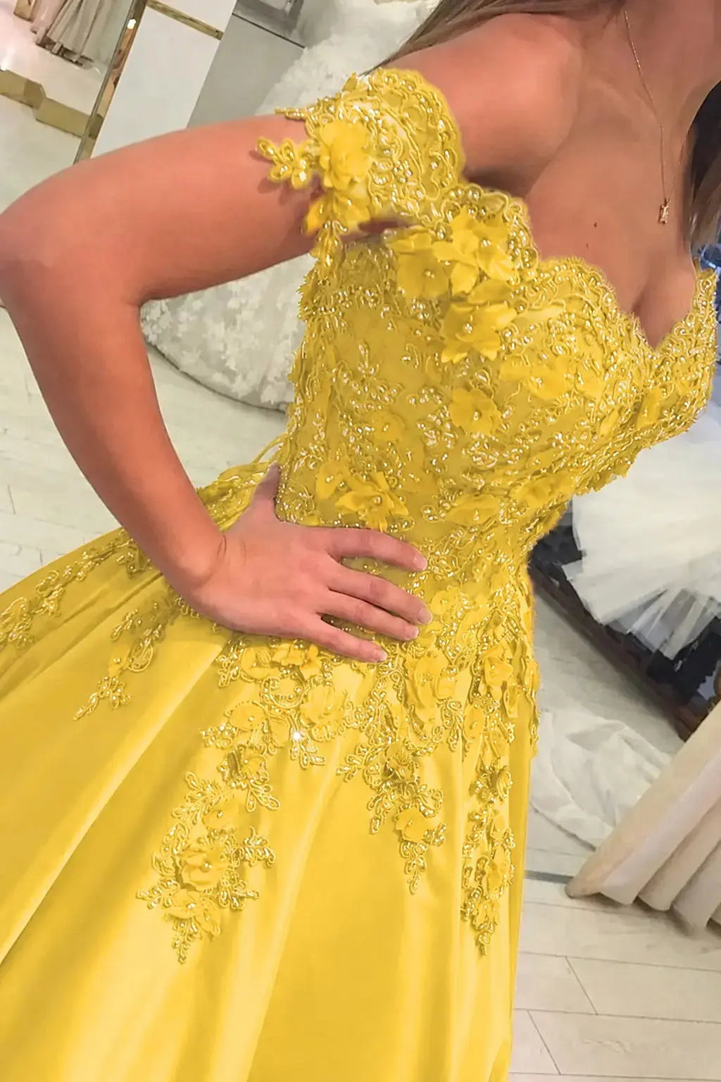 Appliquéd Off-the-Shoulder Satin Princess Prom Dress with Beads