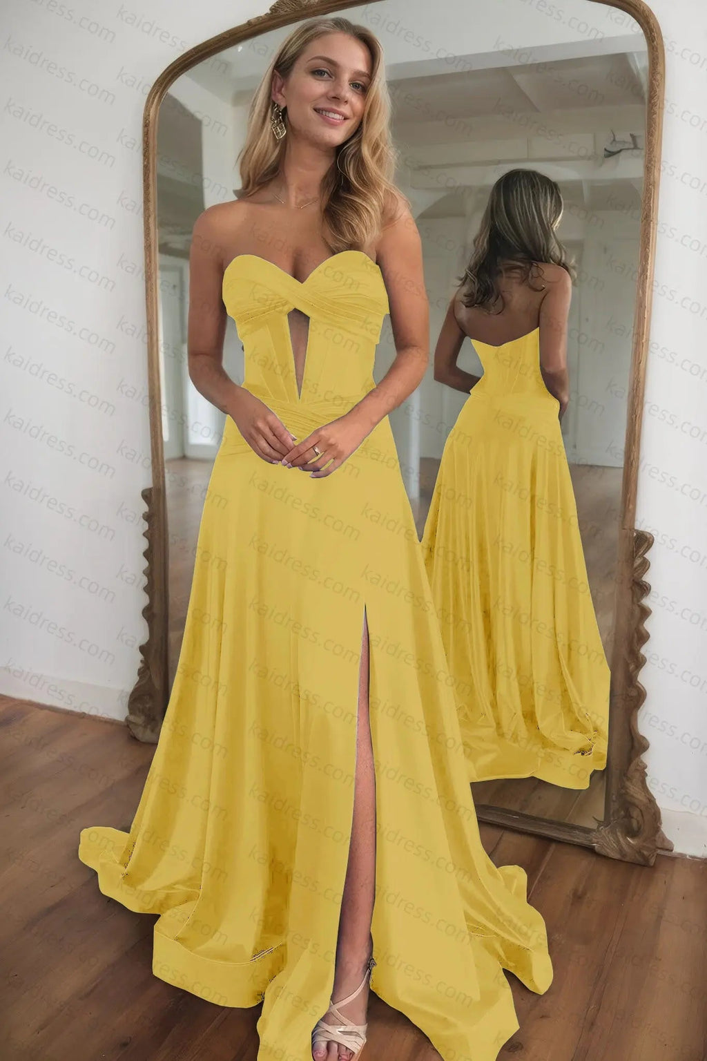 A-line Strapless Silk Long Blue Prom Dresses Elegant Evening Dress