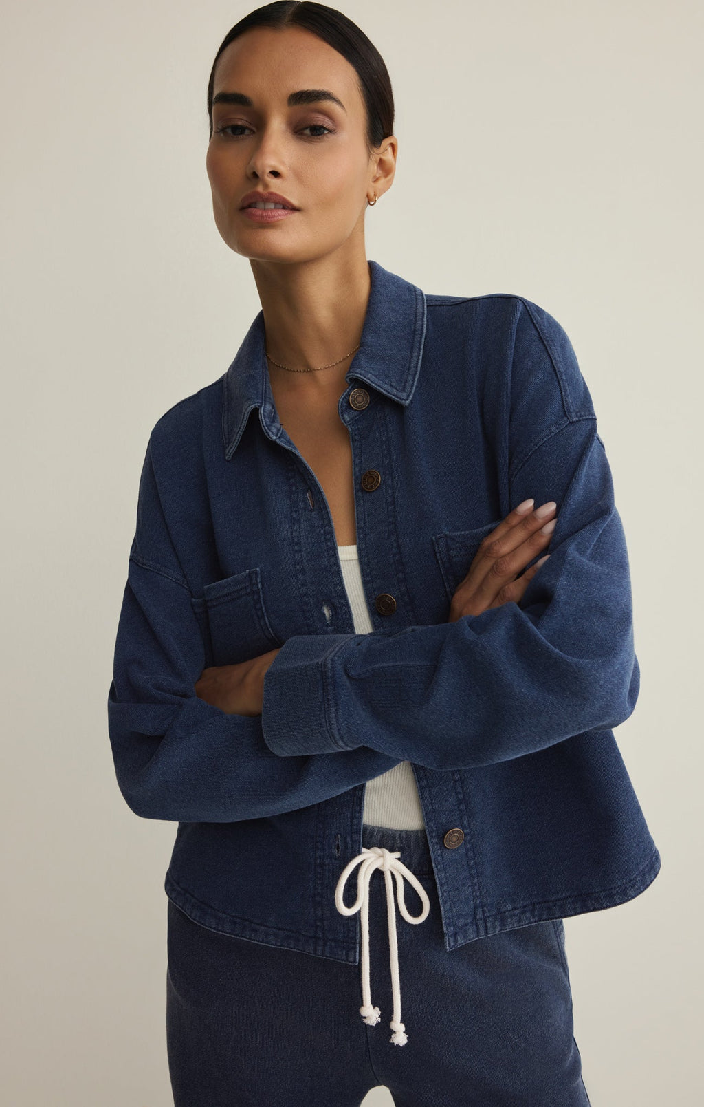 All Day Cropped Knit Denim Jacket