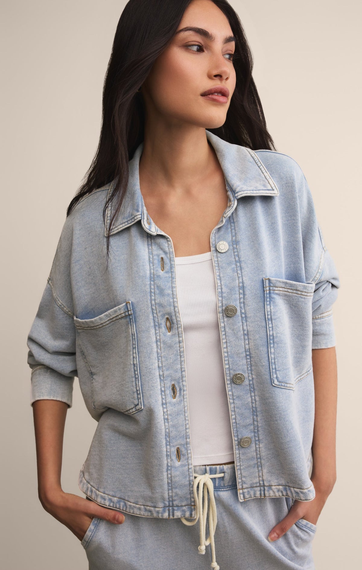 All Day Cropped Knit Denim Jacket