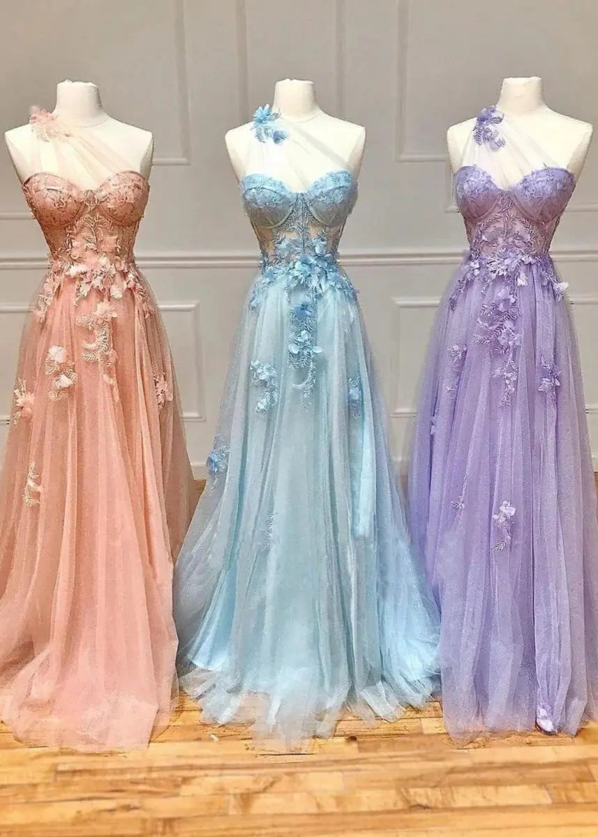 A-line One-Shoulder Sleeveless Long/Floor-Length Tulle Prom Dresses with Appliqued Split