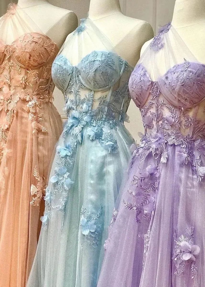 A-line One-Shoulder Sleeveless Long/Floor-Length Tulle Prom Dresses with Appliqued Split