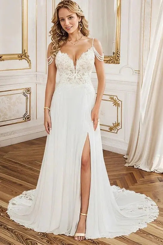 A-Line V-Neck Sweep Train Wedding Dress With Lace Split Front