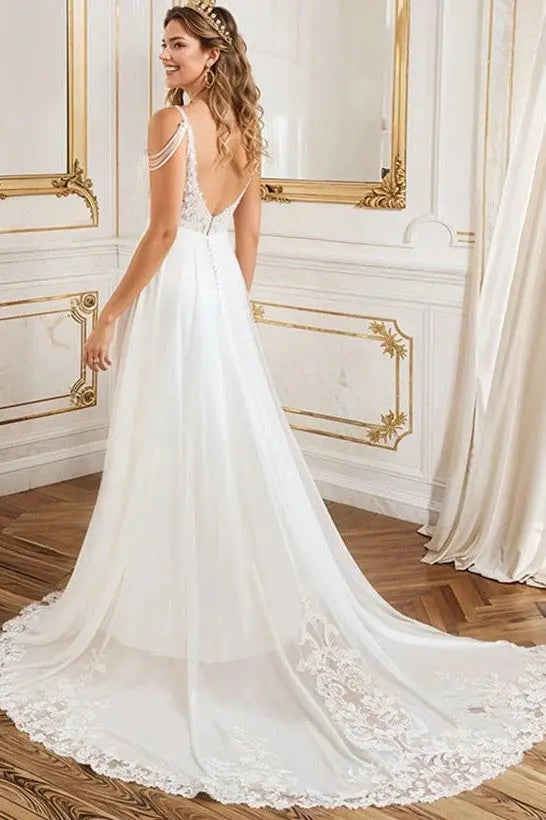 A-Line V-Neck Sweep Train Wedding Dress With Lace Split Front