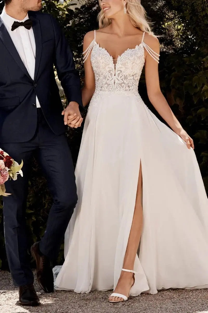 A-Line V-Neck Sweep Train Wedding Dress With Lace Split Front