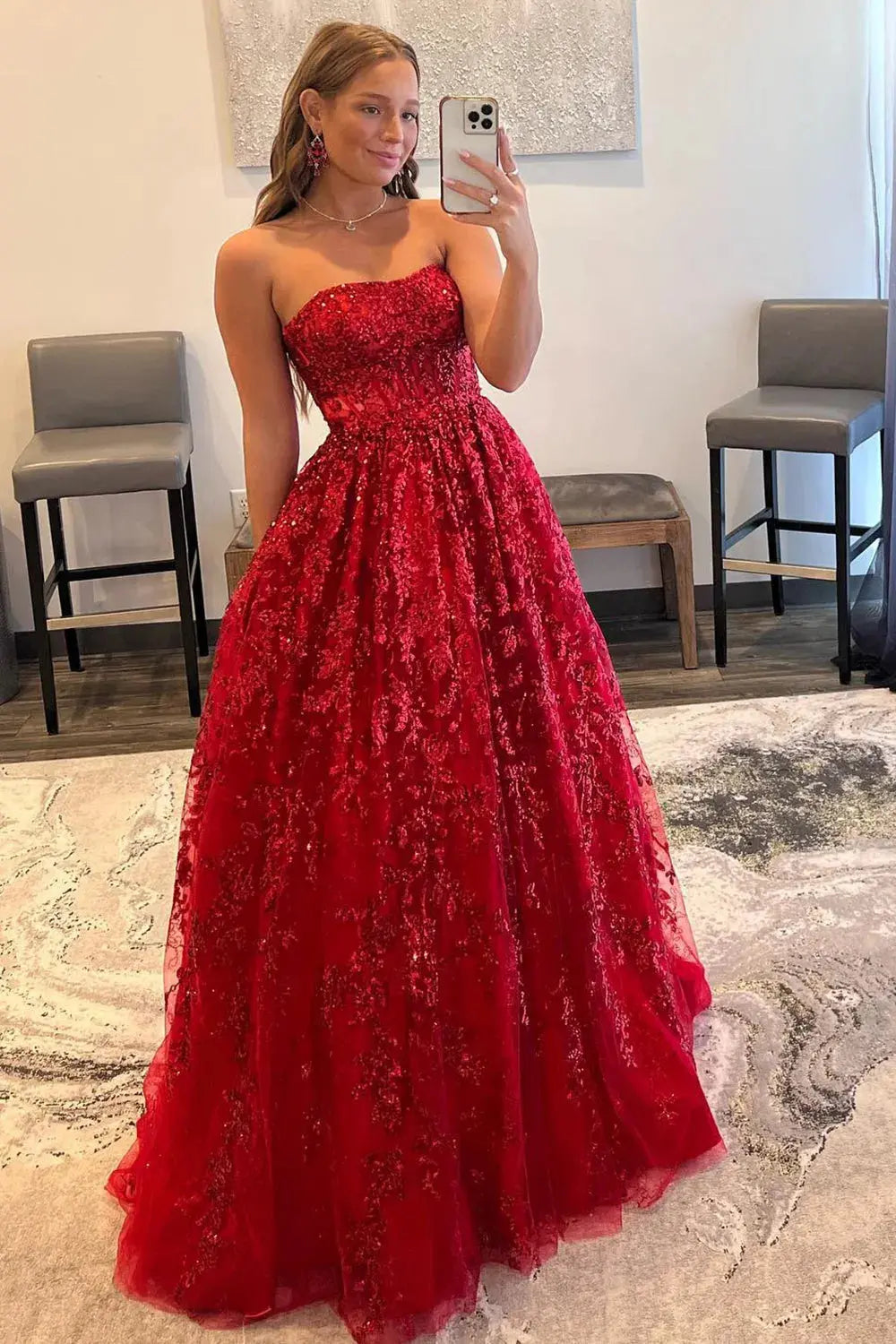 A-line Bateau Strapless Long/Floor-Length Lace Prom Dresses With Pockets Special Occasion Dresses