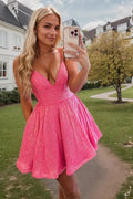 A-line V Neck Sleeveless Short/Mini Sequined Homecoming Dress with Pockets