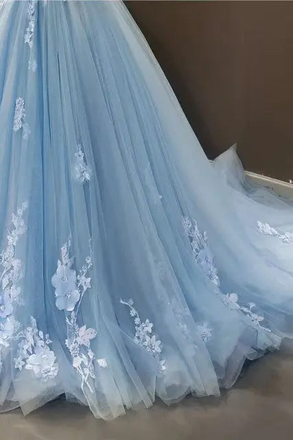 A-Line Blue Tulle Quinceanera Dress Off Shoulder Lace Ball Gown Prom Dress