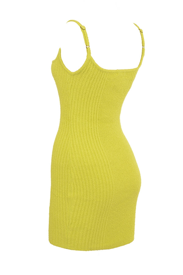 Acid Lime Textured Cotton Knit Mini Dress