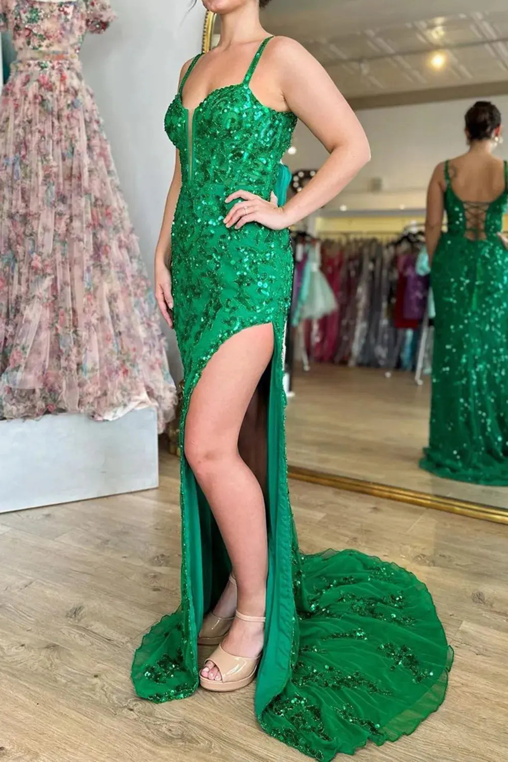 Sheath/Column Straps Sweep Train Lace Prom Dresses With Leg Slit