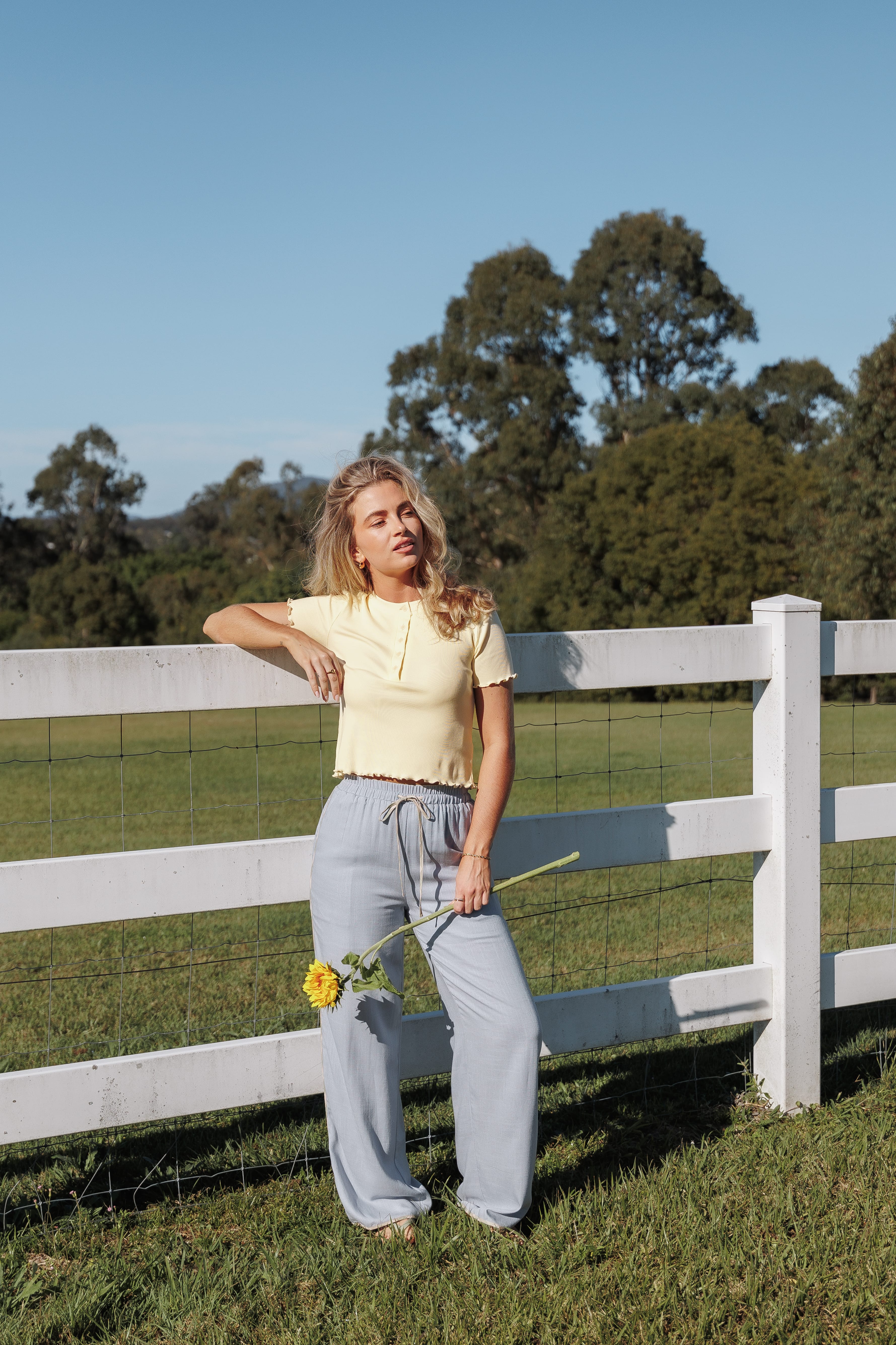 Venda Contrast Trim Pants - Light Blue Linen