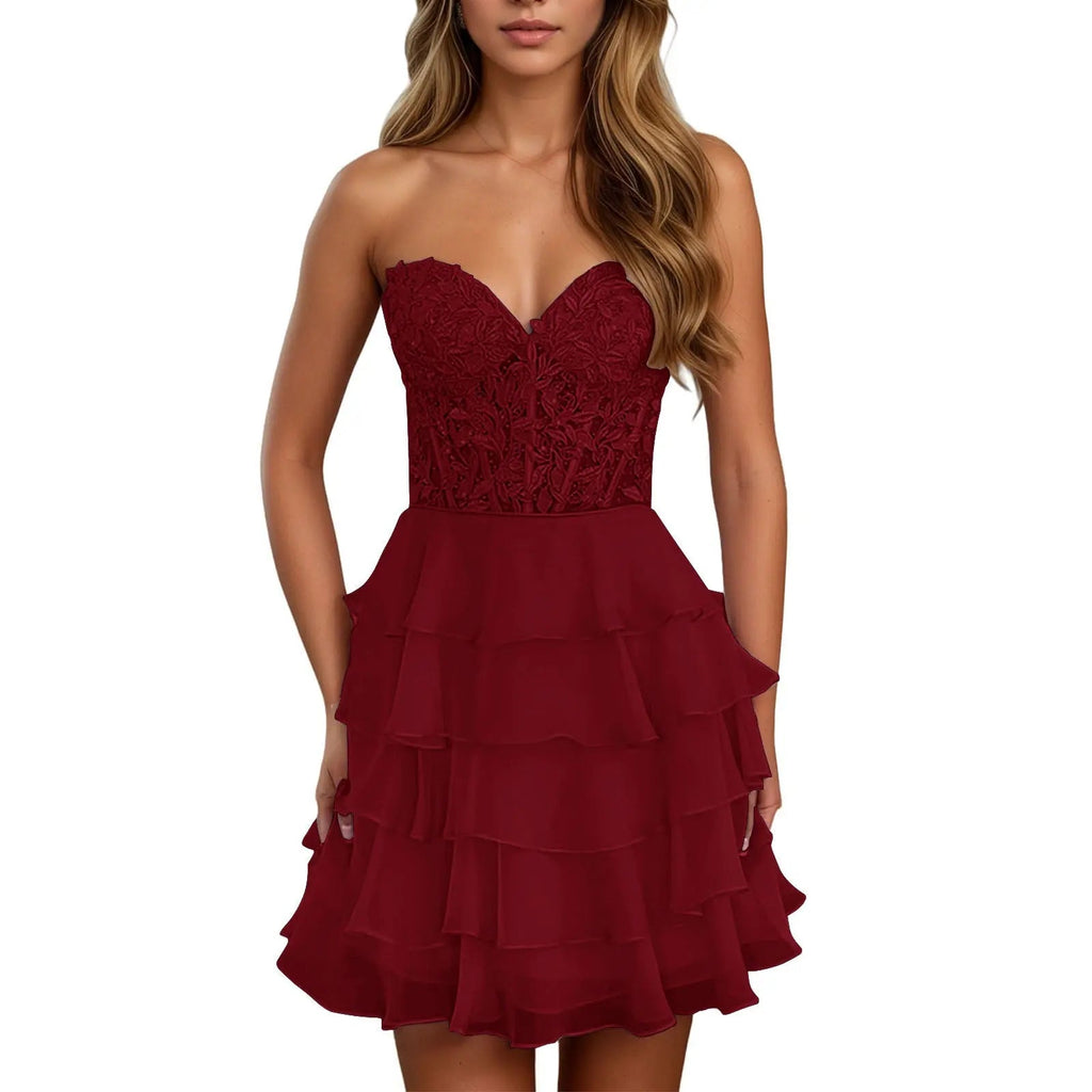 A Line Lilac Strapless Tiered Corset Short Homecoming Dress with Appliques