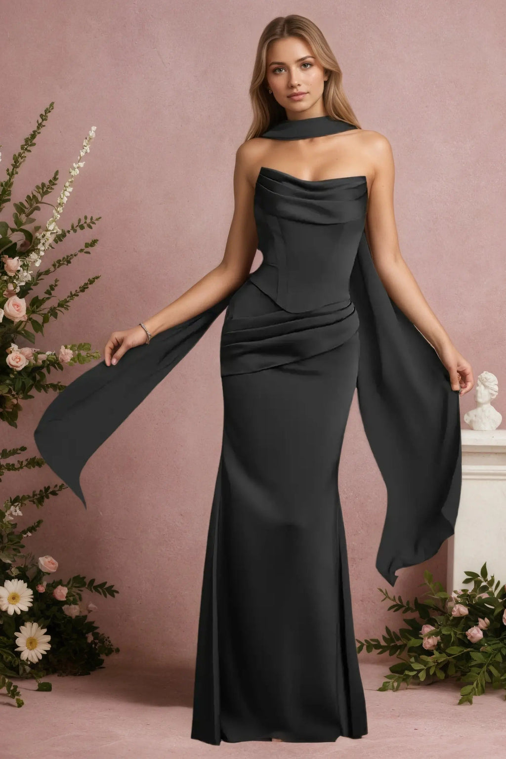 Mermaid Black Strapless Satin Long Prom Dresses Corset Evening Dresses