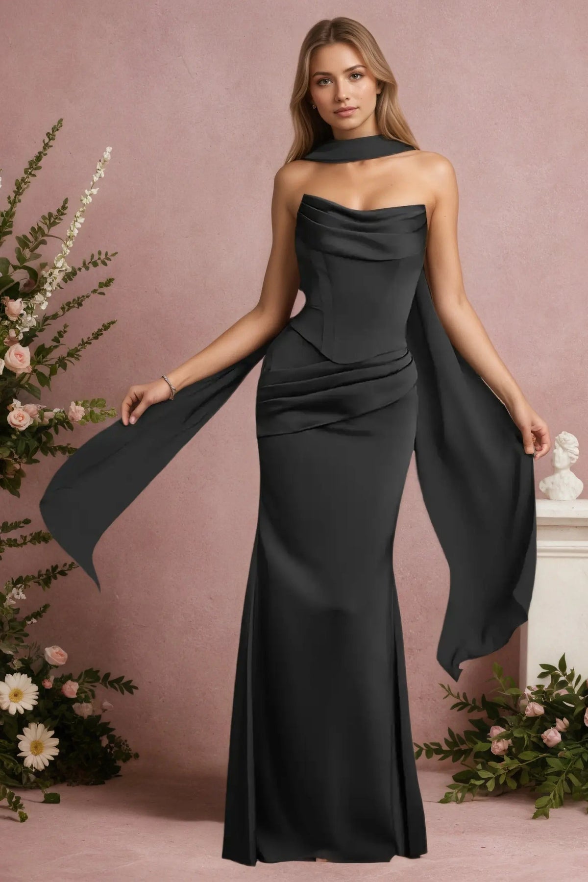Mermaid Black Strapless Satin Long Prom Dresses Corset Evening Dresses