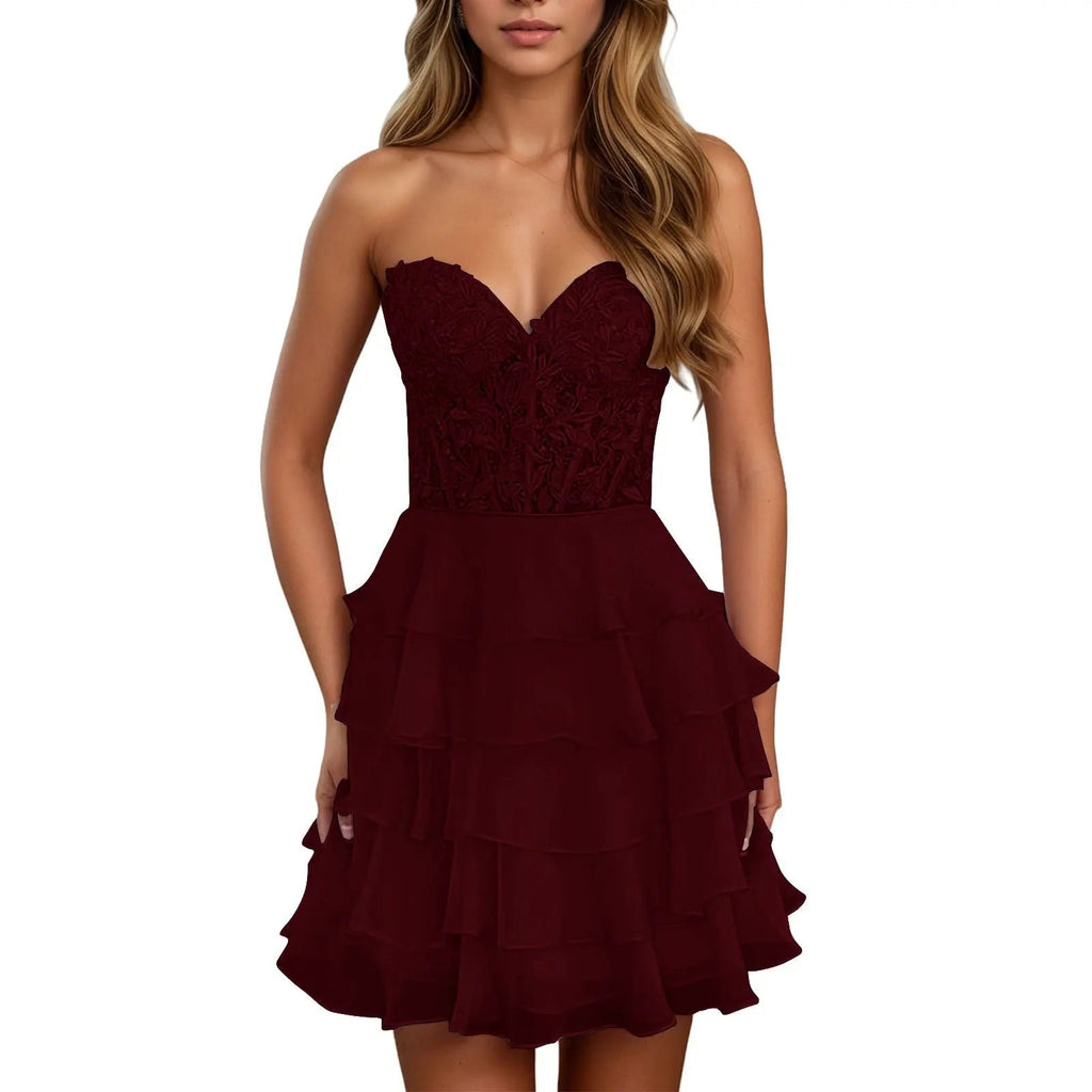 A Line Lilac Strapless Tiered Corset Short Homecoming Dress with Appliques