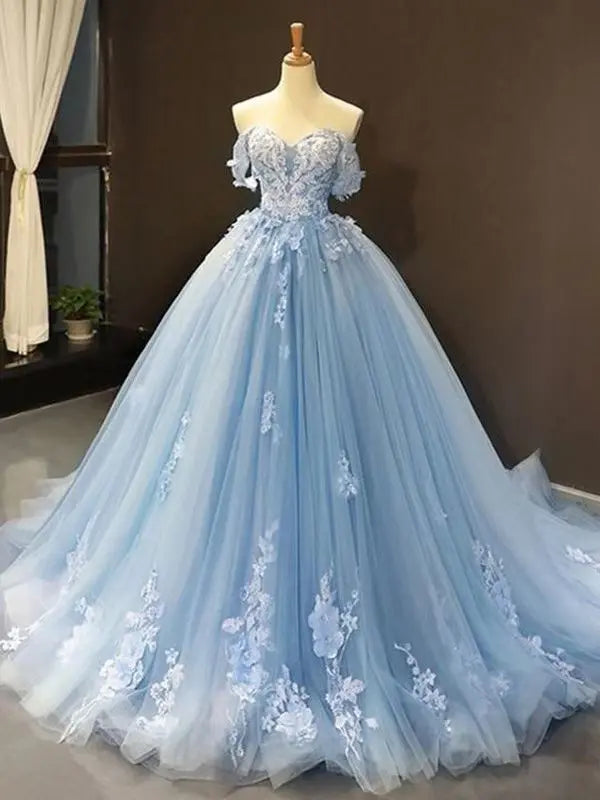 A-Line Blue Tulle Quinceanera Dress Off Shoulder Lace Ball Gown Prom Dress