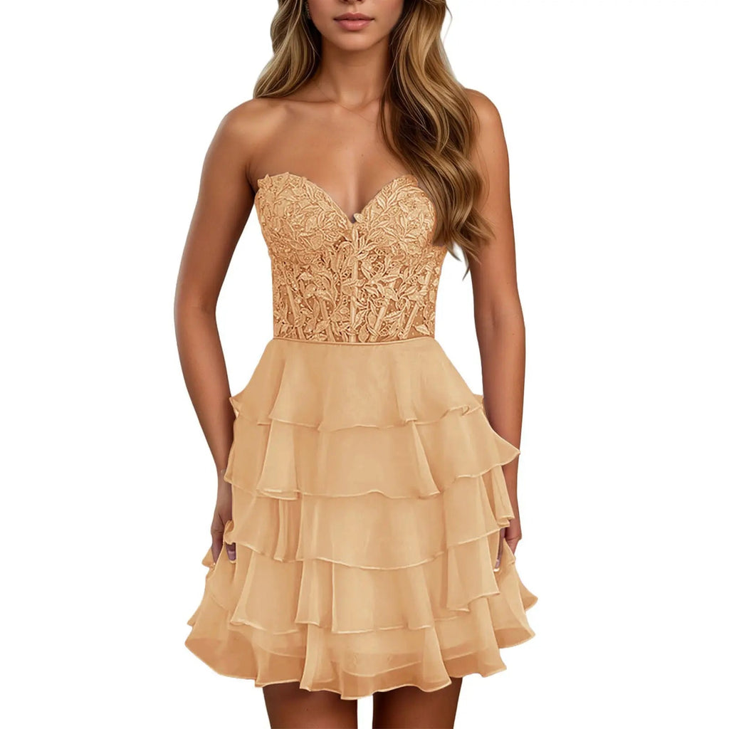 A Line Lilac Strapless Tiered Corset Short Homecoming Dress with Appliques