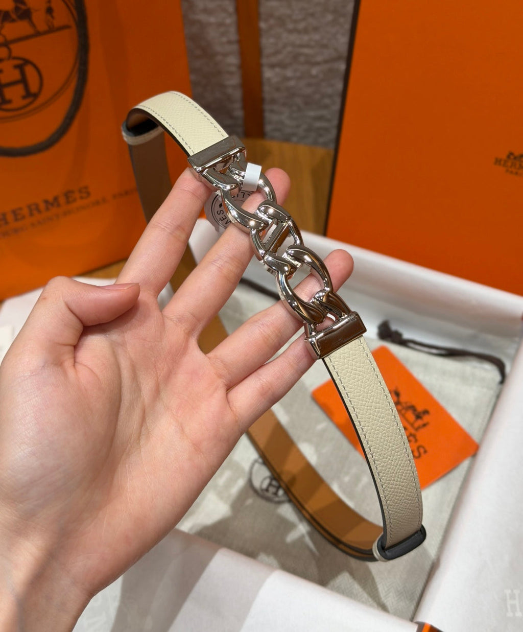 HM Chaine d'Ancre Belt 1.8cm White Epsom Calfskin 212420