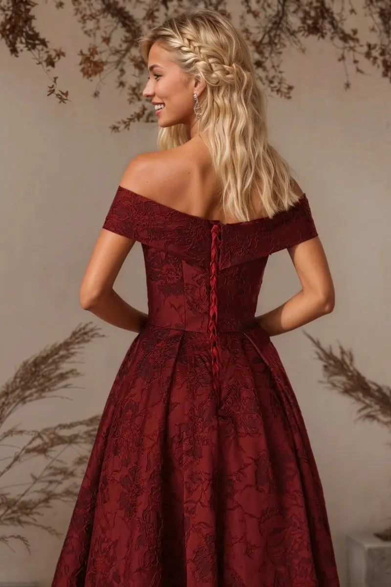 A-Line Off Shoulder Satin Burgundy Long Prom Dress Floral Jacquard Formal Ball Gowns