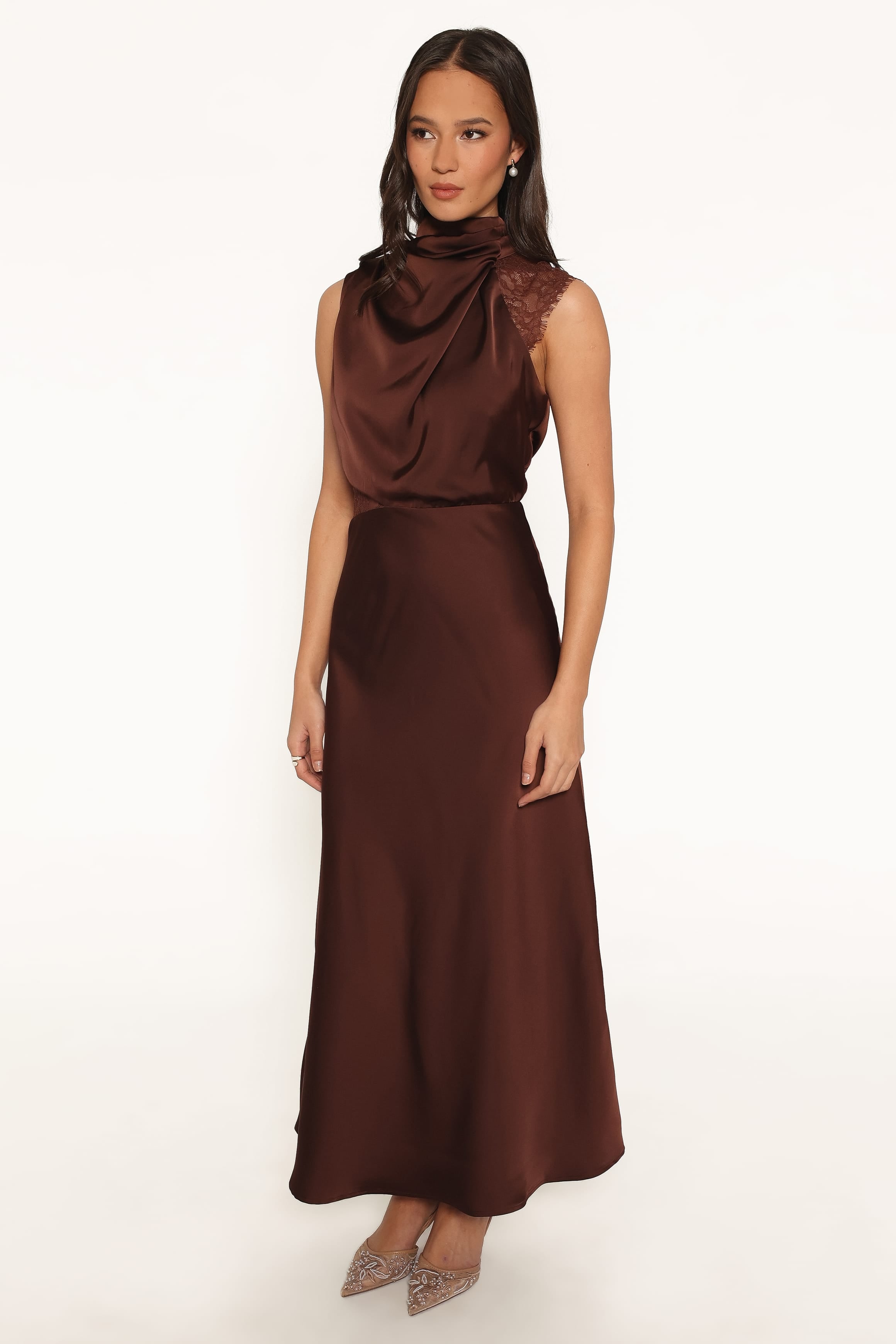 Anabelle Halter Neck Lace Maxi Dress - Chocolate Brown