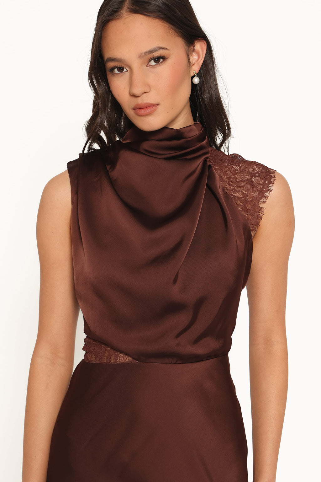 Anabelle Halter Neck Lace Maxi Dress - Chocolate Brown