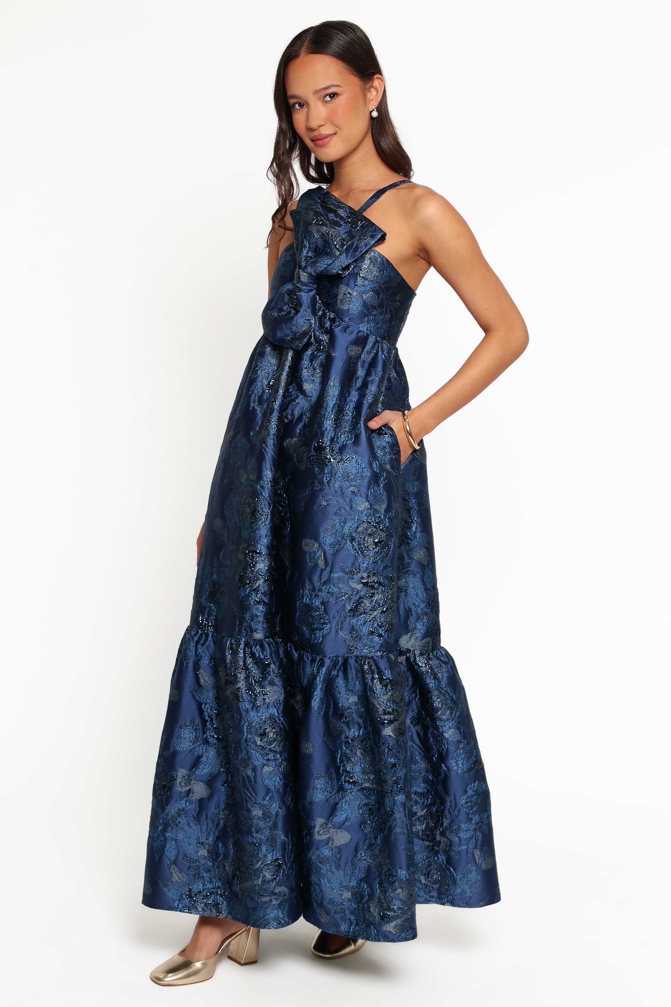 Betina Bow Front Maxi Dress - Blue Brocade