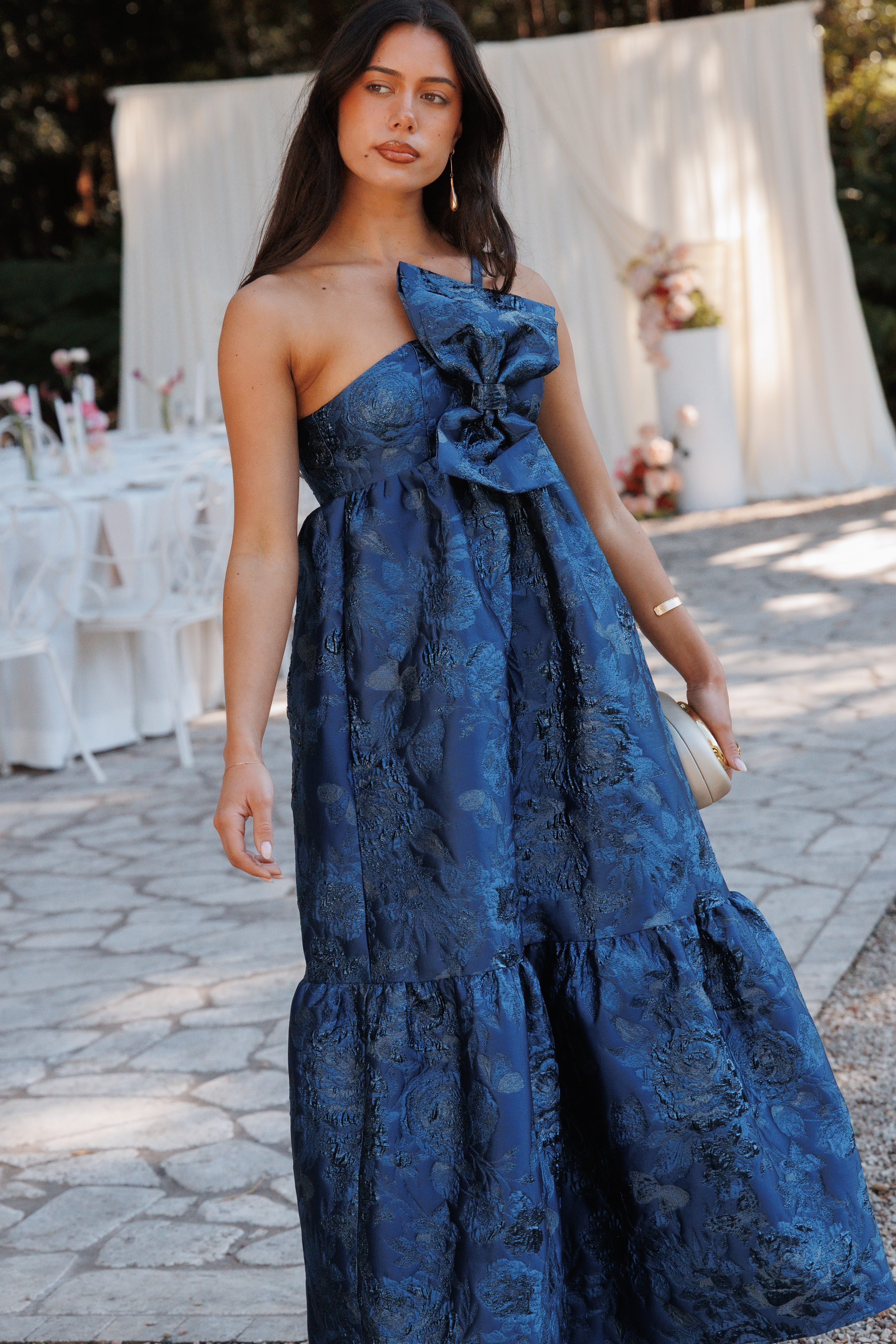 Betina Bow Front Maxi Dress - Blue Brocade