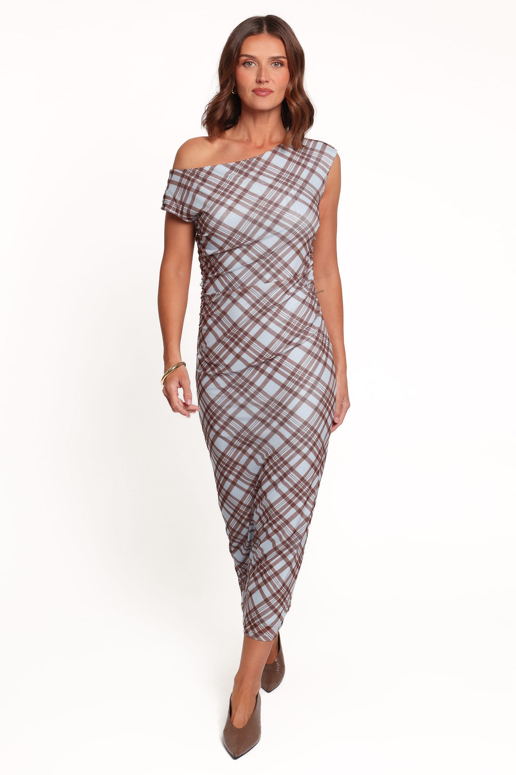 Clea Off Shoulder Mesh Midi Dress - Blue Plaid