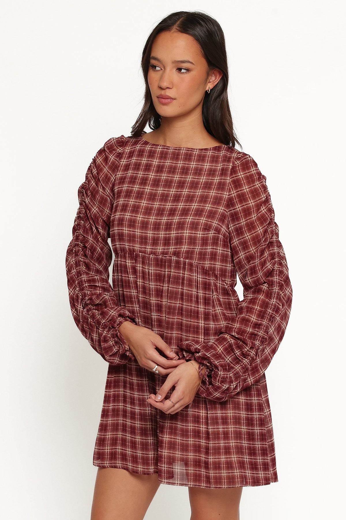 Micaela Long Sleeve Mini Dress - Burgundy Plaid
