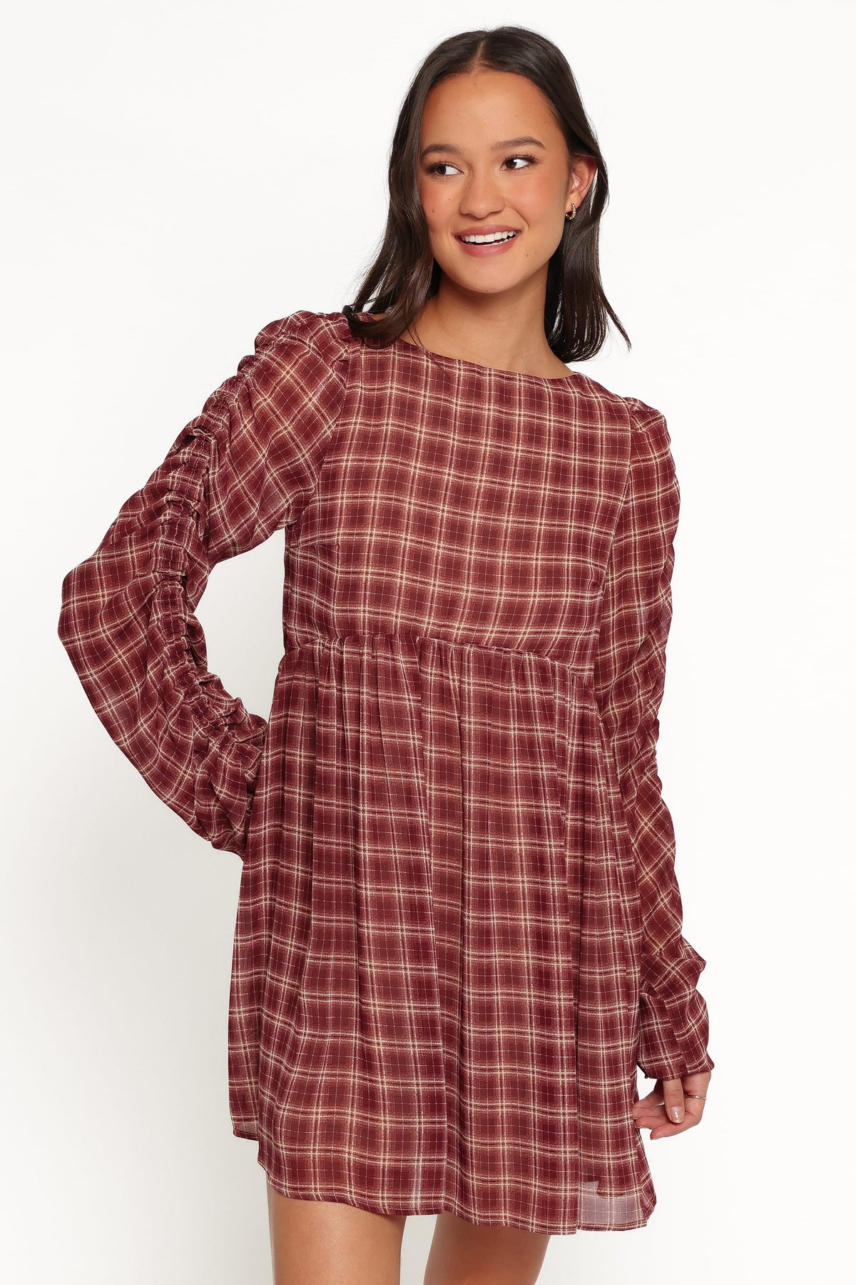Micaela Long Sleeve Mini Dress - Burgundy Plaid