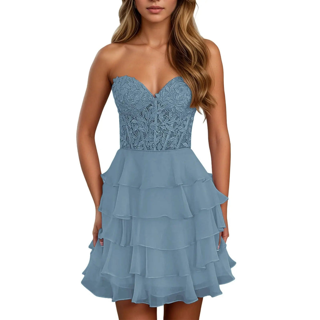 A Line Lilac Strapless Tiered Corset Short Homecoming Dress with Appliques