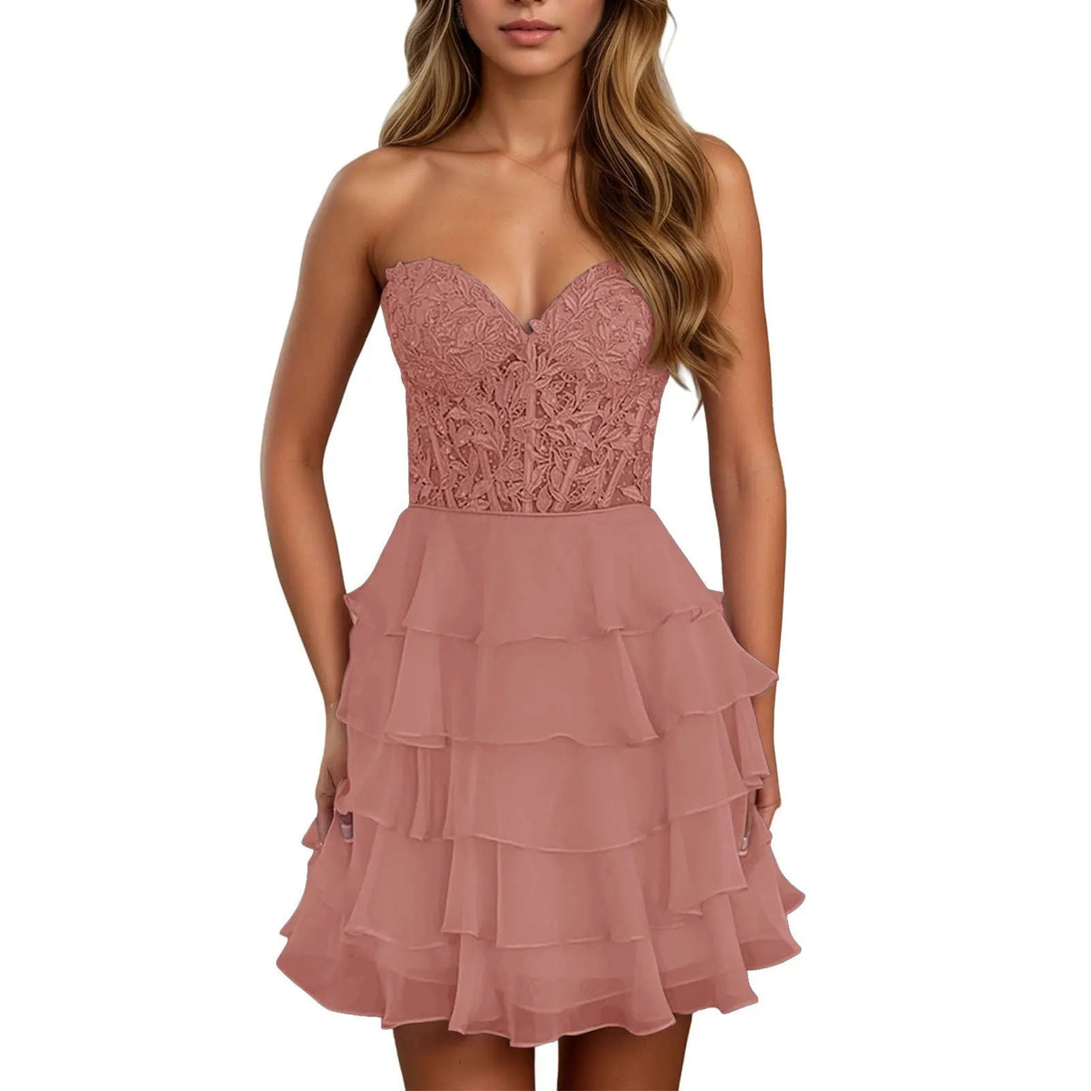 A Line Lilac Strapless Tiered Corset Short Homecoming Dress with Appliques