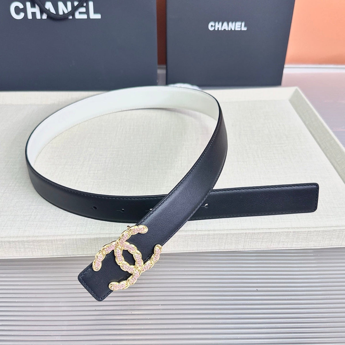 CC Crystal Buckle Reversible Belt Black White Cowhide 211208
