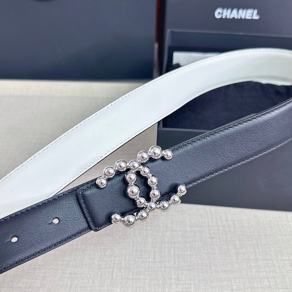 CC Buckle Reversible Belt Black White Cowhide 211328