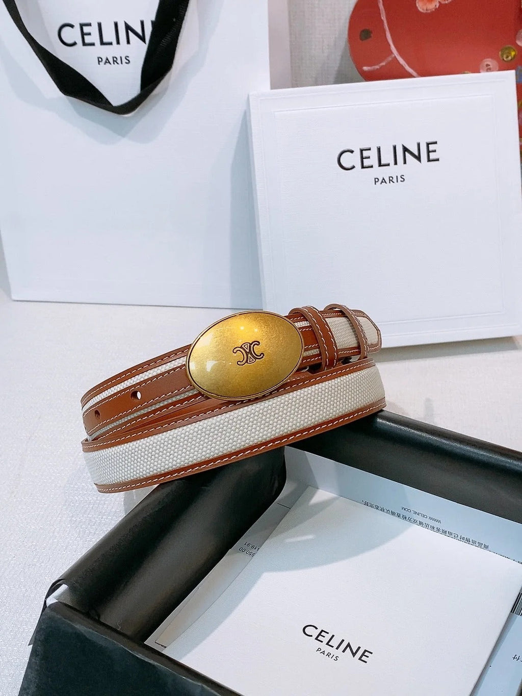 Celine 2026 Triomphe Oval Buckle Belt 25mm Fabric Leather 203763
