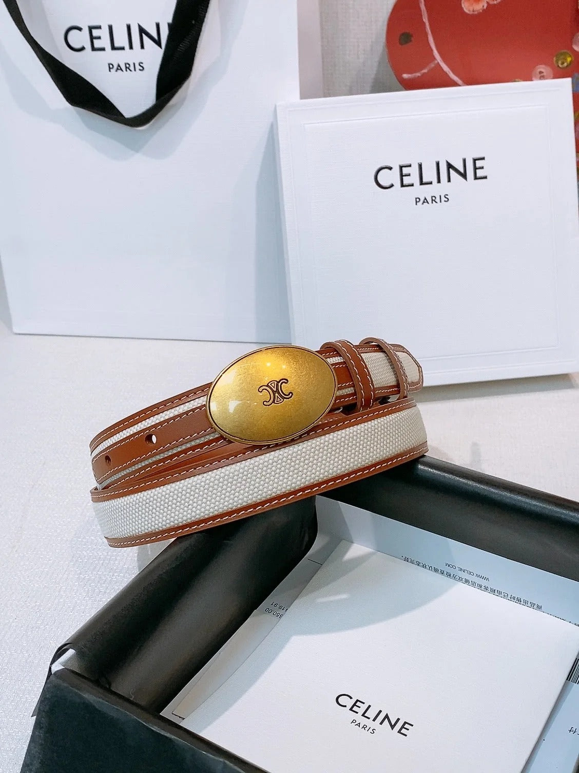 Celine 2026 Triomphe Oval Buckle Belt 25mm Fabric Leather 203763