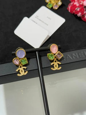 Chanel 2026 Gemstone Gold Full Diamond Double C Glass Pearl AB Style Earrings