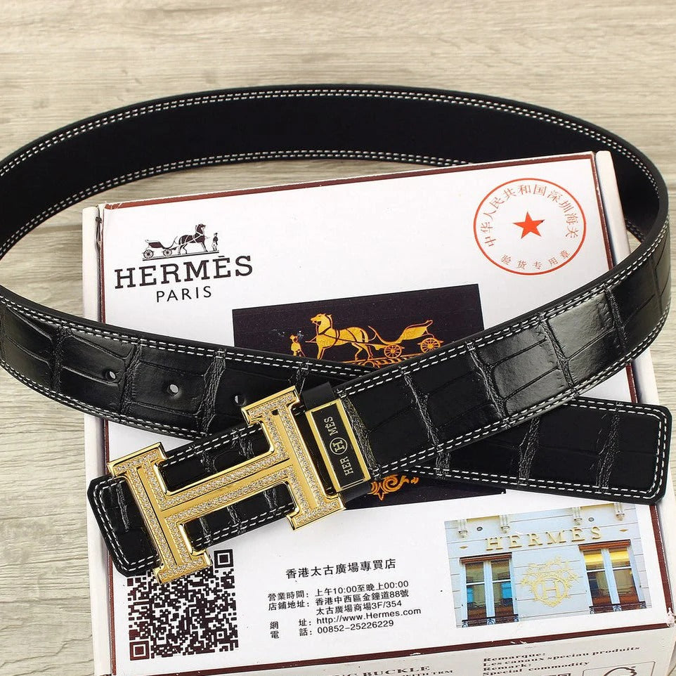 HM Original Belt 38mm Crocodile Embossed Black Pattern Gold Buckle Leather 620264