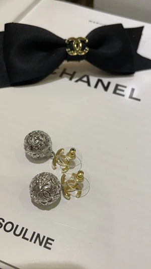 Chanel Gold Double C Silver Hollow Star Round Earrings