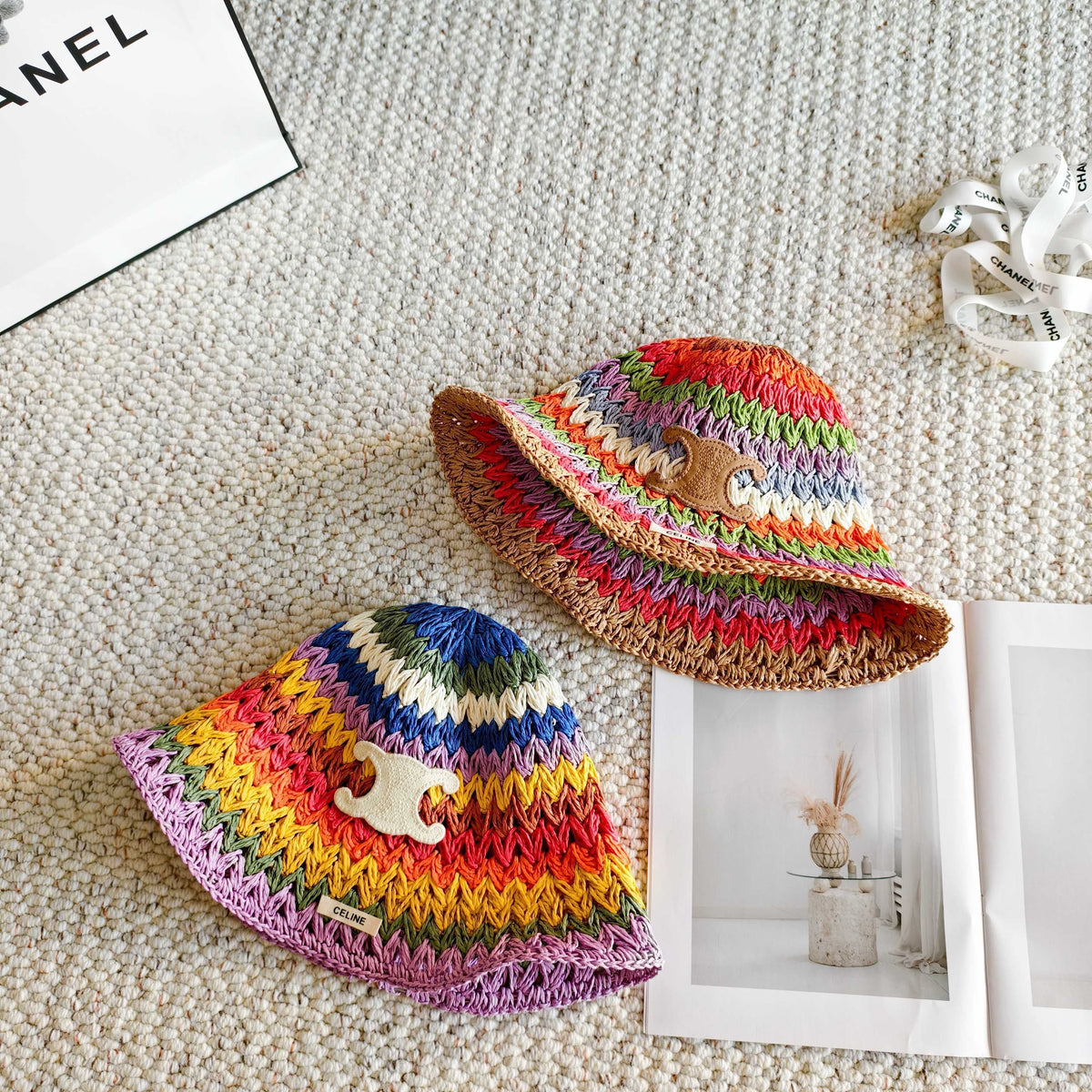 Celine Rainbow Everyday Simple Bucket Hat Straw 237190