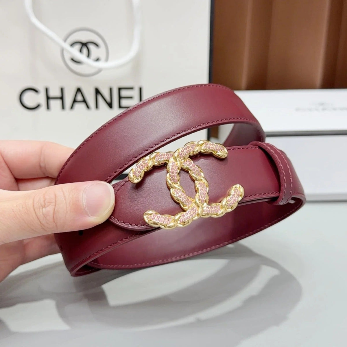 Chanel 2026 Double CC Crystal Buckle Belt 30mm Cowhide