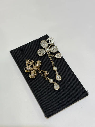 Chanel 2026 Gold Full Diamond Double C Lucky Clover Crystal Earrings