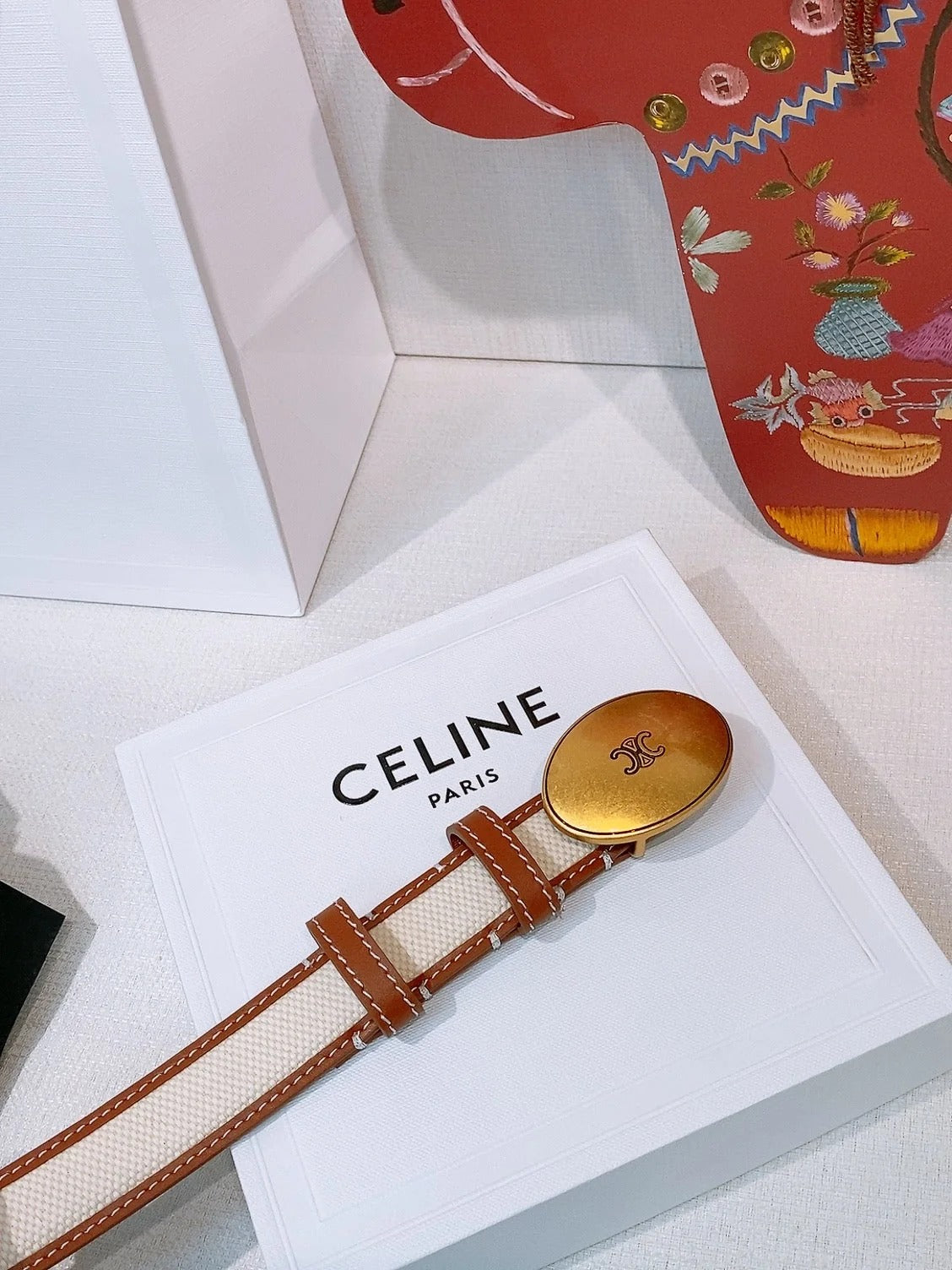 Celine 2026 Triomphe Oval Buckle Belt 25mm Fabric Leather 203763