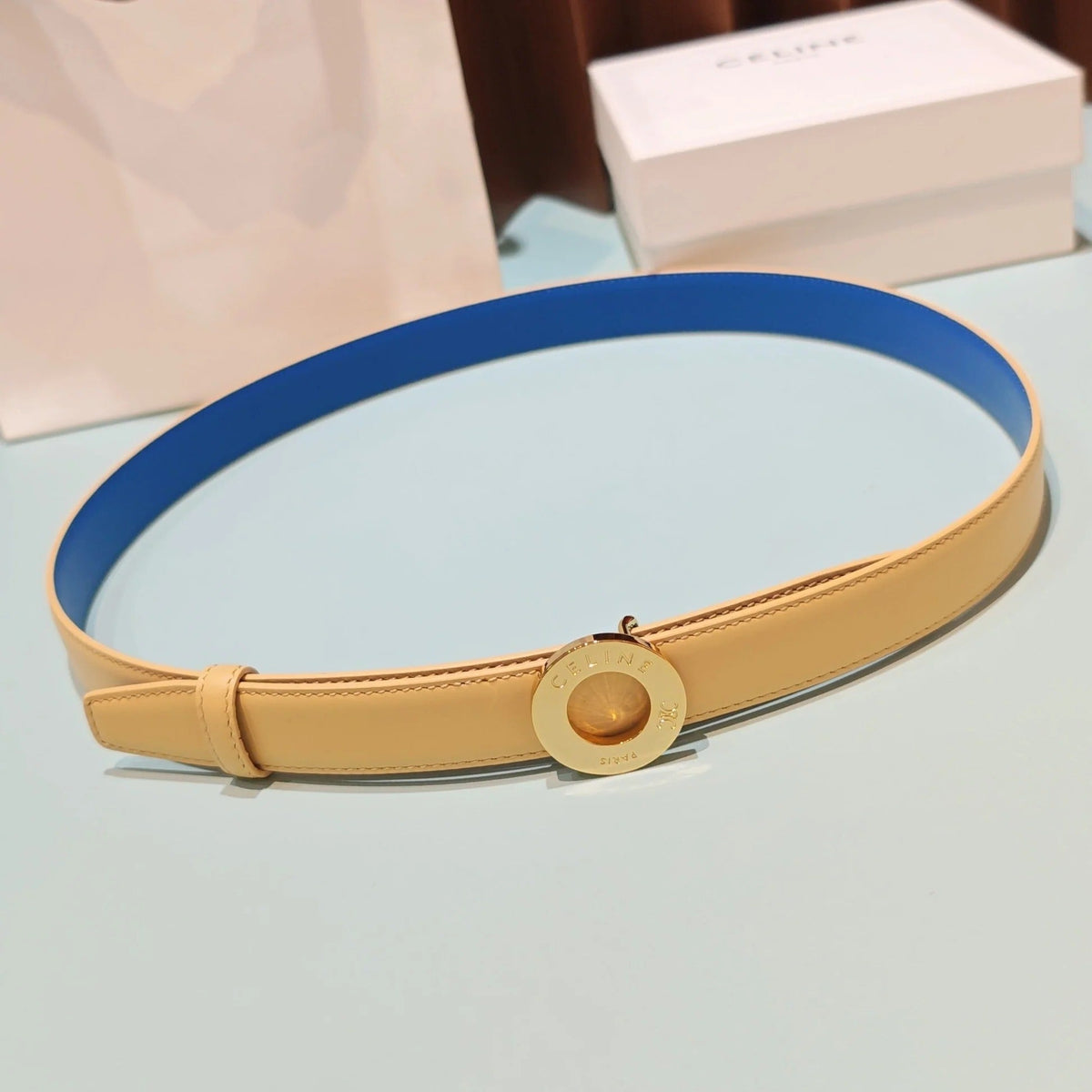 Celine 2026 Disc Buckle Reversible Strap Belt 25mm Leather 196682