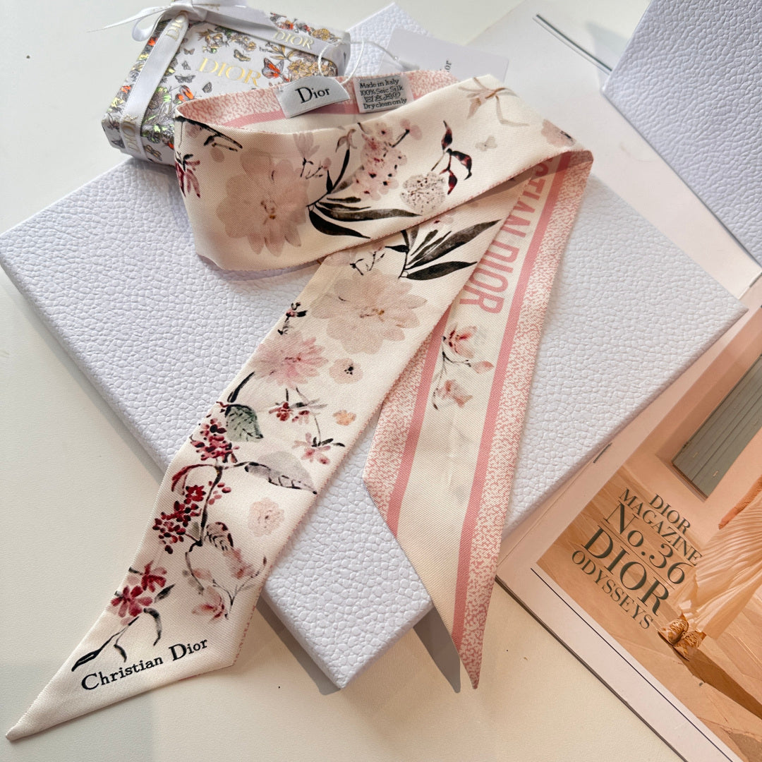 CD Twilly Mini Scarf 105 Pink Floral Pattern Silk Twill 147670