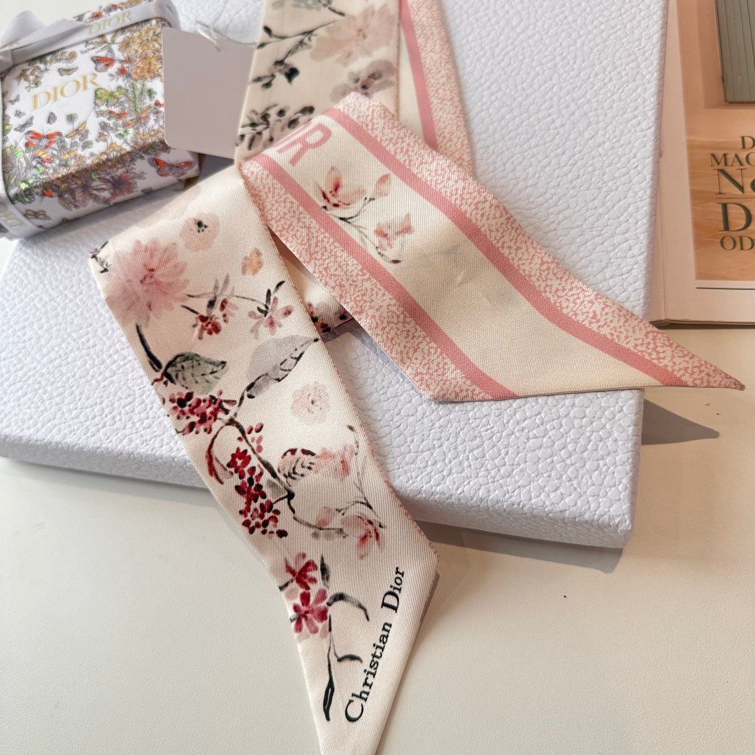 CD Twilly Mini Scarf 105 Pink Floral Pattern Silk Twill 147670